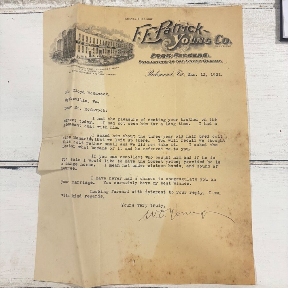 F.E. Patrick & Young Co. 1921 Letterhead Richmond VA Antique Ephemera Horse rare